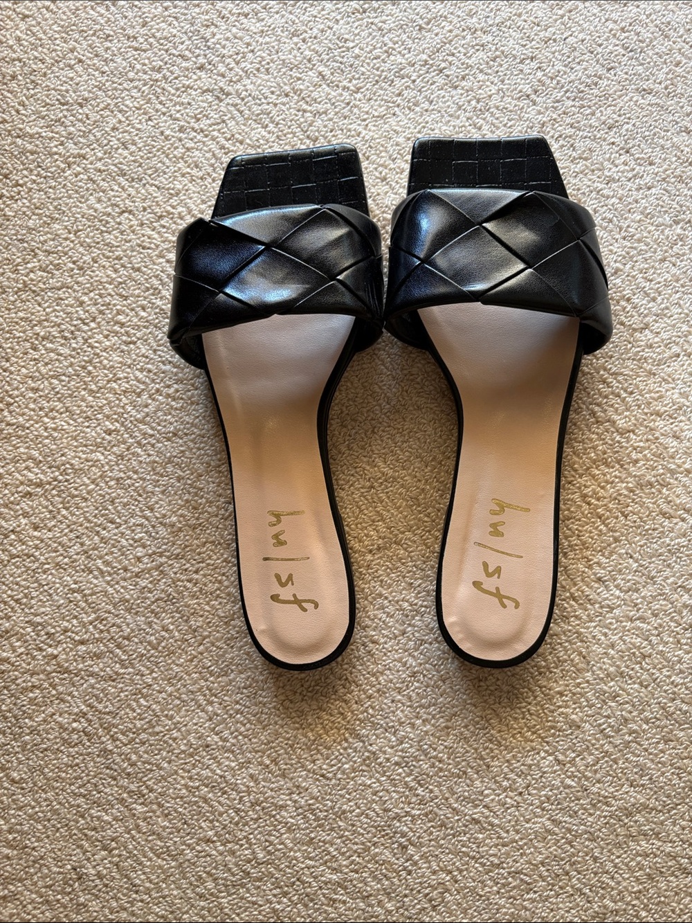 French souls Black leather Braided Square-Toe Slide Mules